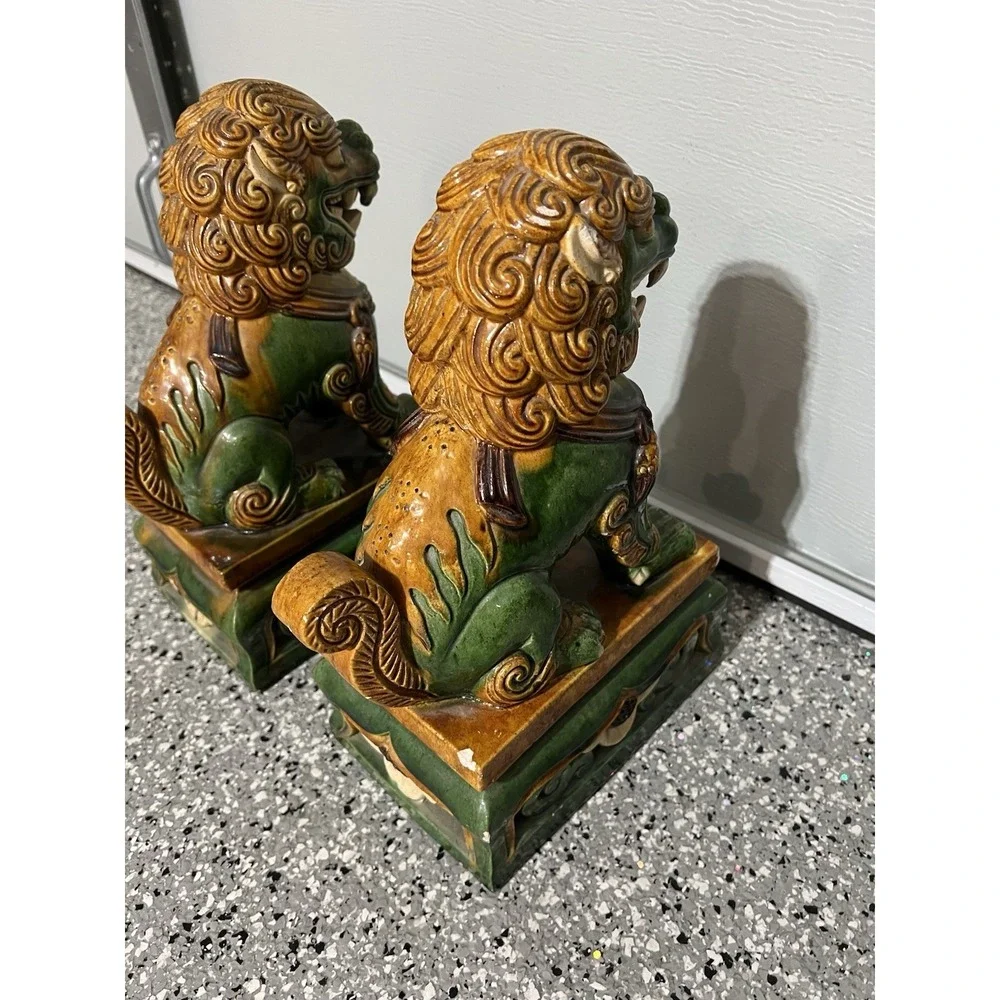 Pair Of Old Green Yellow Ceramic Chinese Foo Dogs Temple Statue